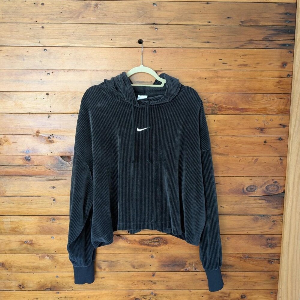 Nike Black Velvet Ribbed Cropped Hoodie Sweatshirt Women's Size XXL